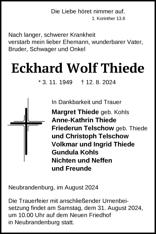 Traueranzeige von Eckhard Wolf Thiede von Nordkurier Neubrandenburger Zeitung