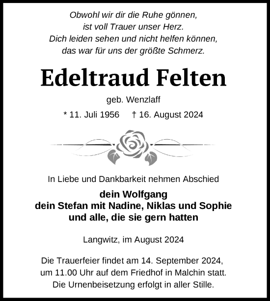 Traueranzeige von Edeltraud Felten von Nordkurier Müritz-Zeitung