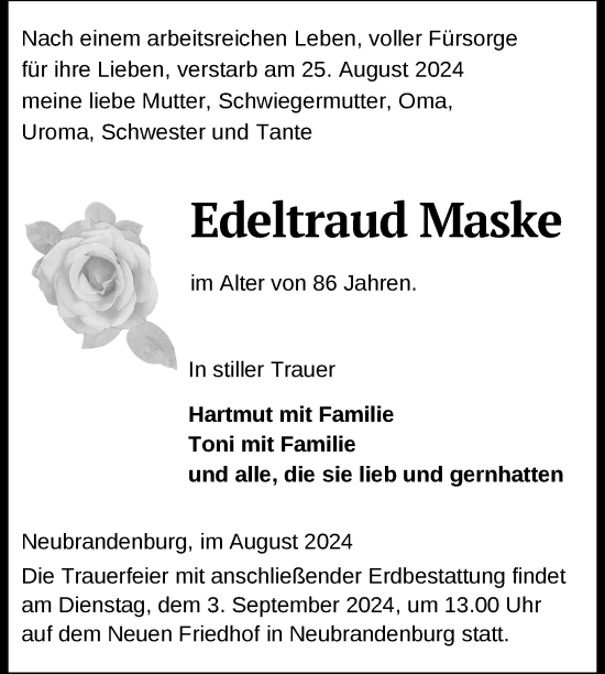 Traueranzeige von Edeltraud Maske von Nordkurier Neubrandenburger Zeitung