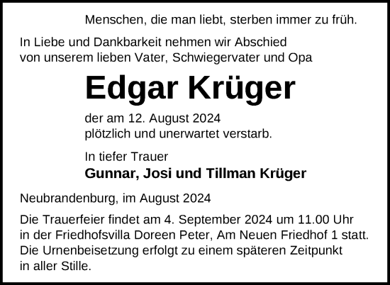 Traueranzeige von Edgar Krüger von Nordkurier Neubrandenburger Zeitung