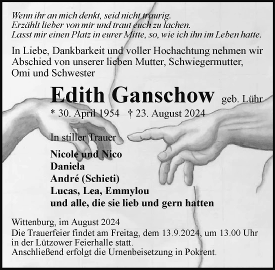 Traueranzeige von Edith Ganschow von Gadebusch - Rehnaer Zeitung