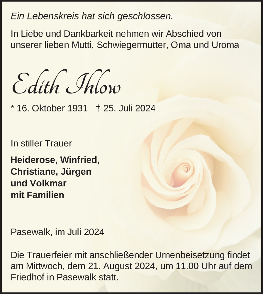  Traueranzeige für Edith Ihlow vom 06.08.2024 aus Nordkurier Pasewalker Zeitung