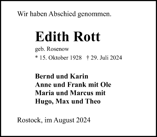 Traueranzeige von Edith Rott von Norddeutsche Neueste Nachrichten