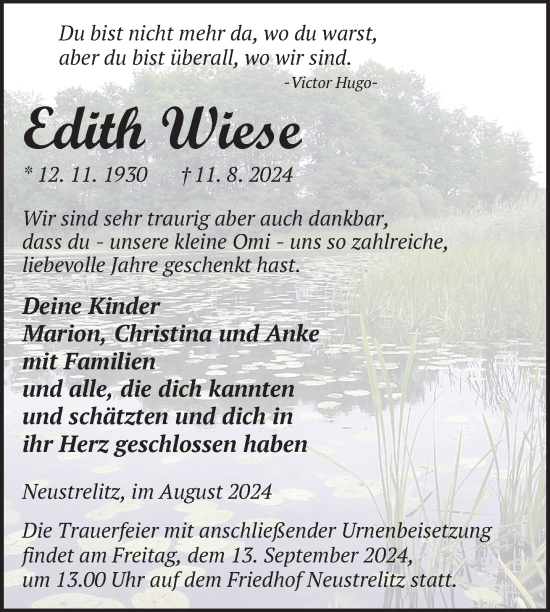 Traueranzeige von Edith Wiese von Nordkurier Strelitzer Zeitung