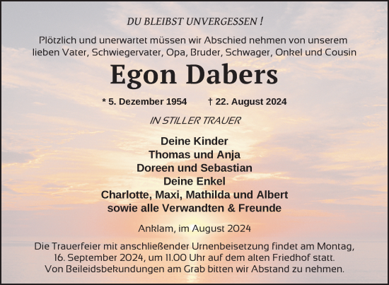 Traueranzeige von Egon Dabers von Nordkurier Vorpommern Kurier