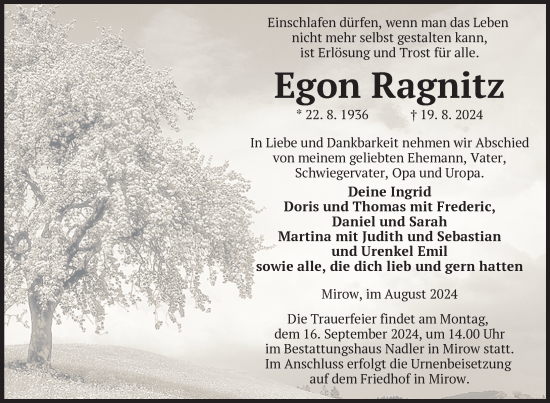 Traueranzeige von Egon Ragnitz von Nordkurier Strelitzer Zeitung