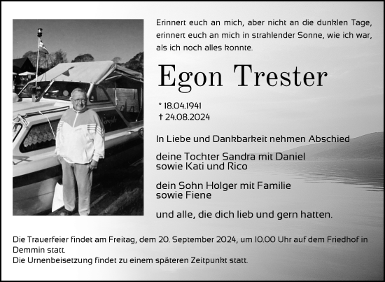 Traueranzeige von Egon Trester von Nordkurier Demminer Zeitung