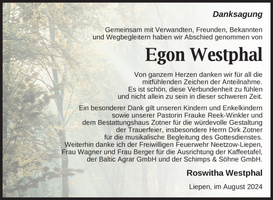 Traueranzeige von Egon Westphal von Nordkurier Vorpommern Kurier