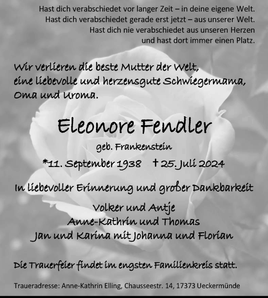 Traueranzeige von Eleonore Fendler von Nordkurier Demminer Zeitung