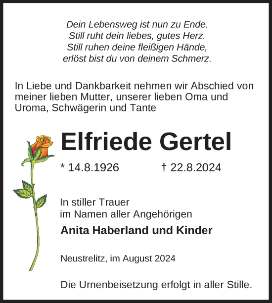 Traueranzeige von Elfriede Gertel von Nordkurier Strelitzer Zeitung