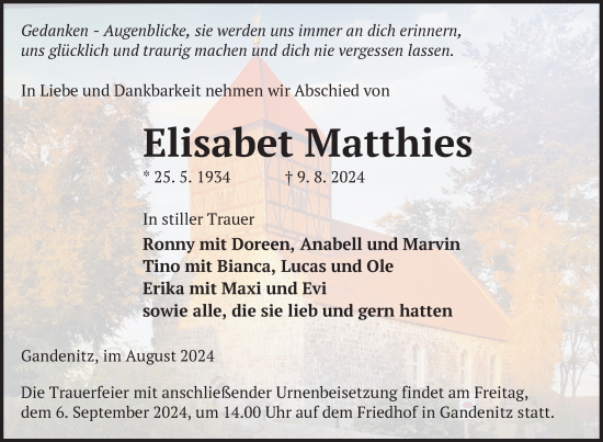 Traueranzeige von Elisabet Matthies von Uckermark Kurier Templiner Zeitung