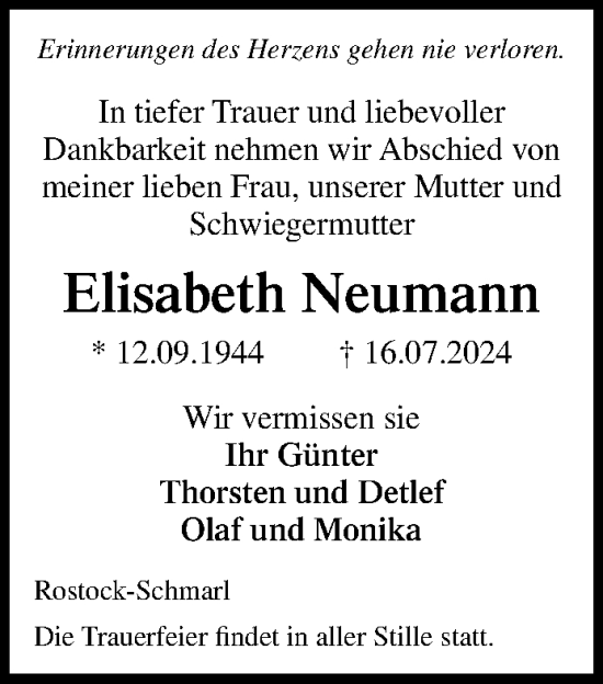 Traueranzeige von Elisabeth Neumann von Norddeutsche Neueste Nachrichten