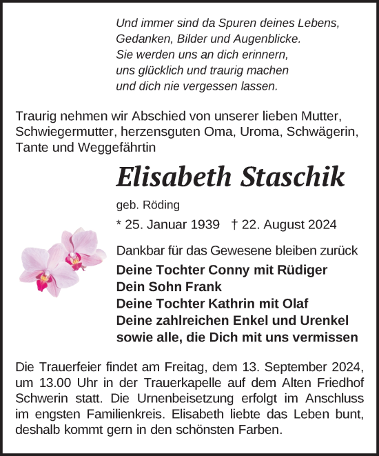 Traueranzeige von Elisabeth Staschik von Zeitung für die Landeshauptstadt