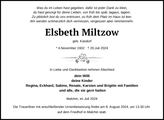 Traueranzeige von Elsbeth Miltzow von Nordkurier Demminer Zeitung