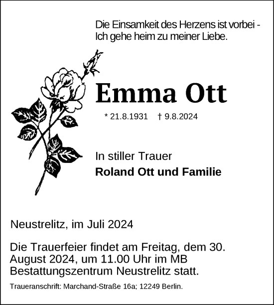 Traueranzeige von Emma Ott von Nordkurier Strelitzer Zeitung