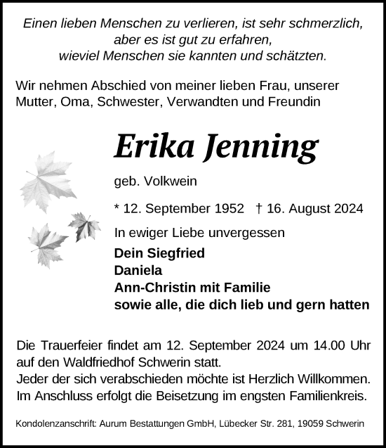 Traueranzeige von Erika Jenning von Zeitung für die Landeshauptstadt