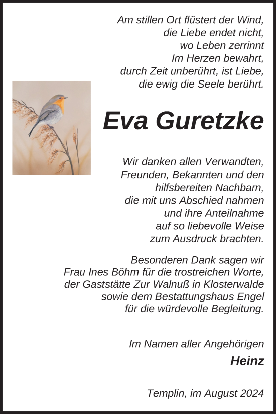 Traueranzeige von Eva Guretzke von Uckermark Kurier Templiner Zeitung