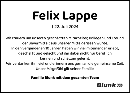 Traueranzeige von Felix Lappe 