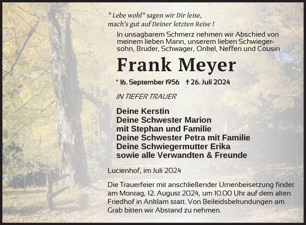  Traueranzeige für Frank Meyer vom 03.08.2024 aus Nordkurier Vorpommern Kurier