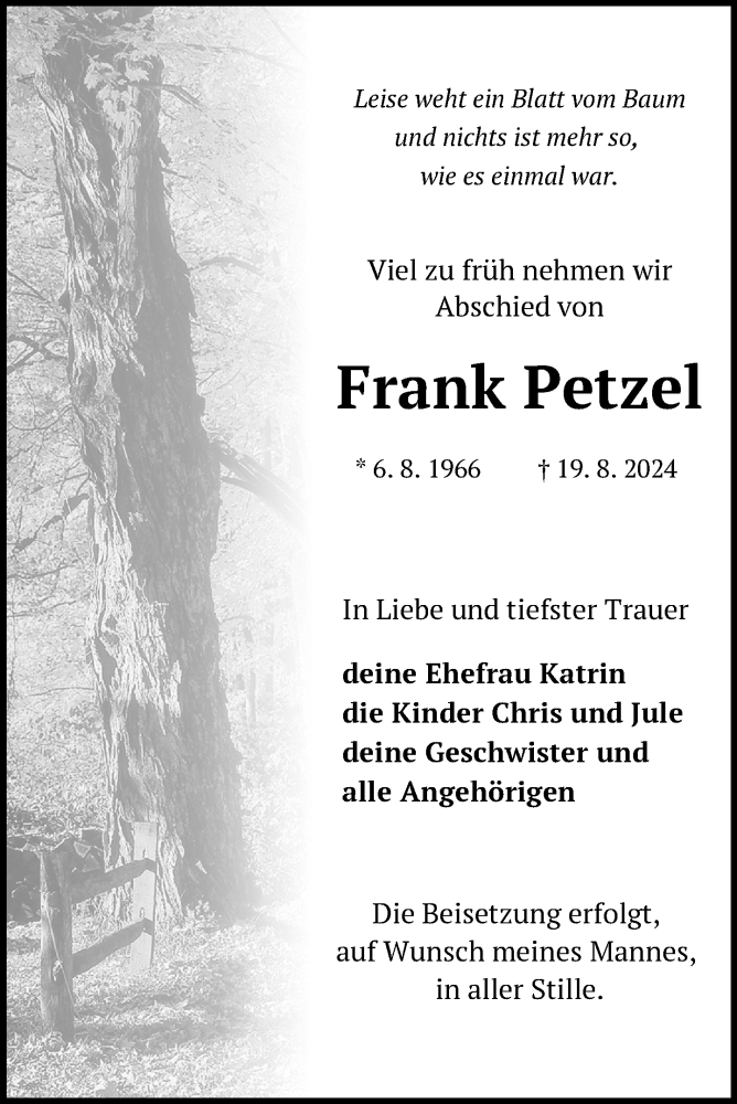  Traueranzeige für Frank Petzel vom 23.08.2024 aus Uckermark Kurier Templiner Zeitung