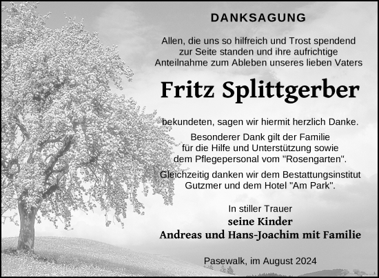 Traueranzeige von Fritz Splittgerber von Nordkurier Pasewalker Zeitung