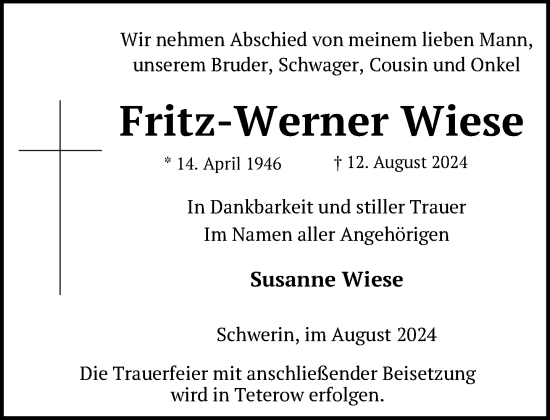 Traueranzeige von Fritz-Werner Wiese von Zeitung für die Landeshauptstadt