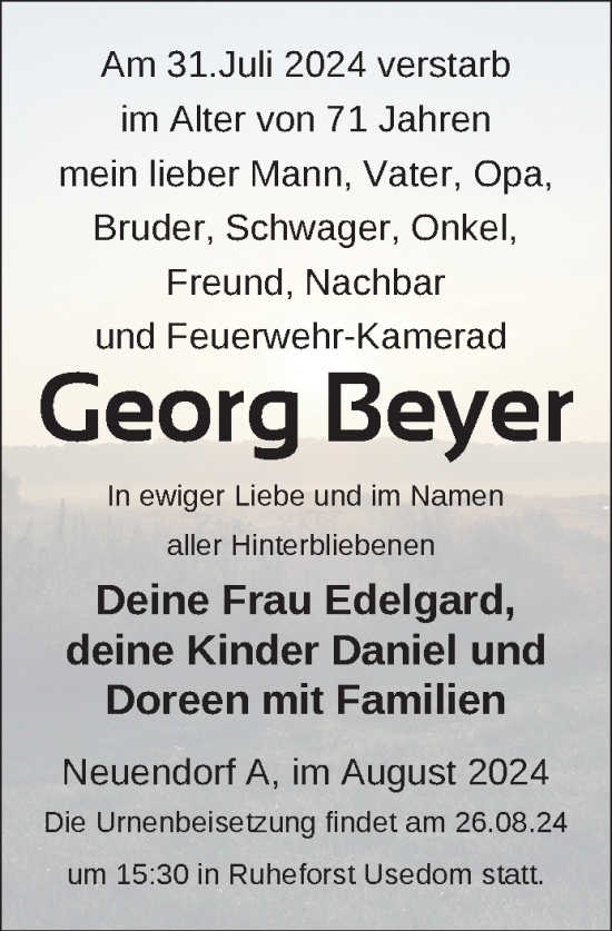 Traueranzeige von Georg Beyer von Nordkurier Vorpommern Kurier