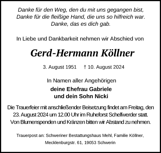 Traueranzeige von Gerd-Hermann Köllner von Gadebusch - Rehnaer Zeitung