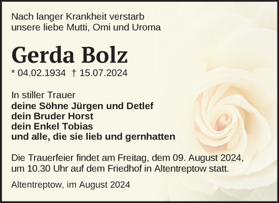 Traueranzeige von Gerda Bolz von Nordkurier Neubrandenburger Zeitung