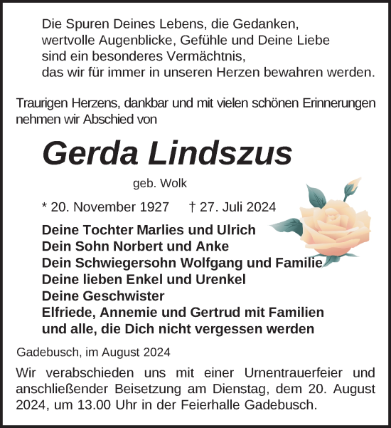 Traueranzeige von Gerda Lindszus von Gadebusch - Rehnaer Zeitung