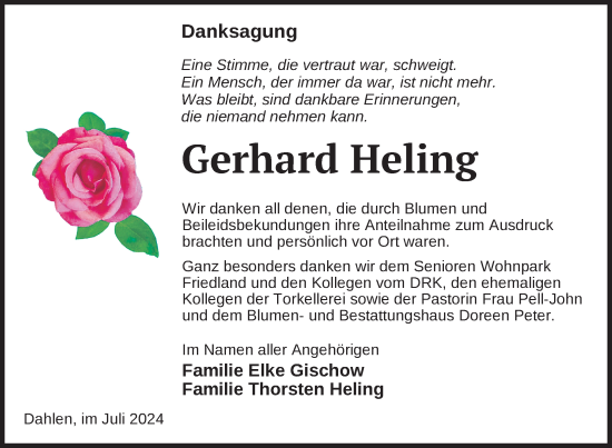 Traueranzeige von Gerhard Heling von Nordkurier Neubrandenburger Zeitung