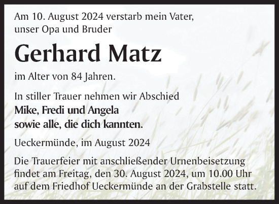 Traueranzeige von Gerhard Matz von Nordkurier Haff-Zeitung