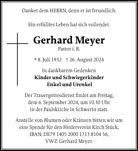 Traueranzeige von Gerhard Meyer von Zeitung für die Landeshauptstadt