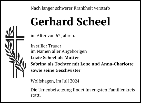 Traueranzeige von Gerhard Scheel von Nordkurier Strelitzer Zeitung