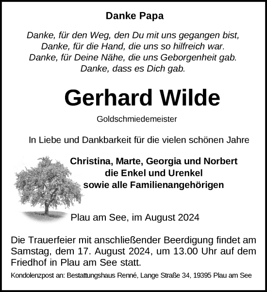 Traueranzeige von Gerhard Wilde von Parchim und Lübz