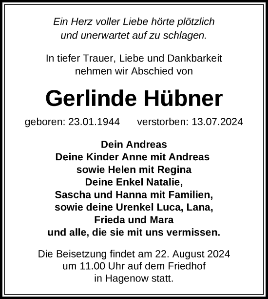 Traueranzeige von Gerlinde Hübner von Hagenower Kreisblatt