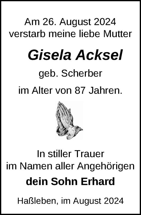 Traueranzeige von Gisela Acksel von Uckermark Kurier Templiner Zeitung