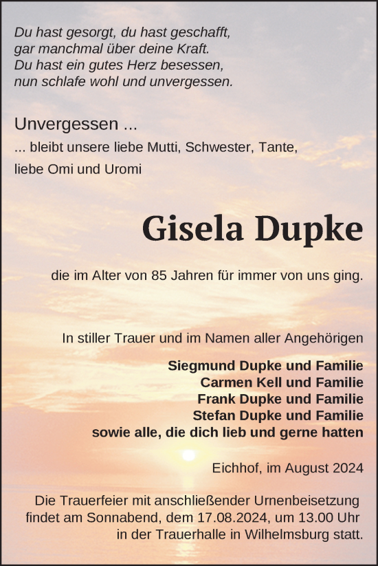 Traueranzeige von Gisela Dupke von Nordkurier Haff-Zeitung