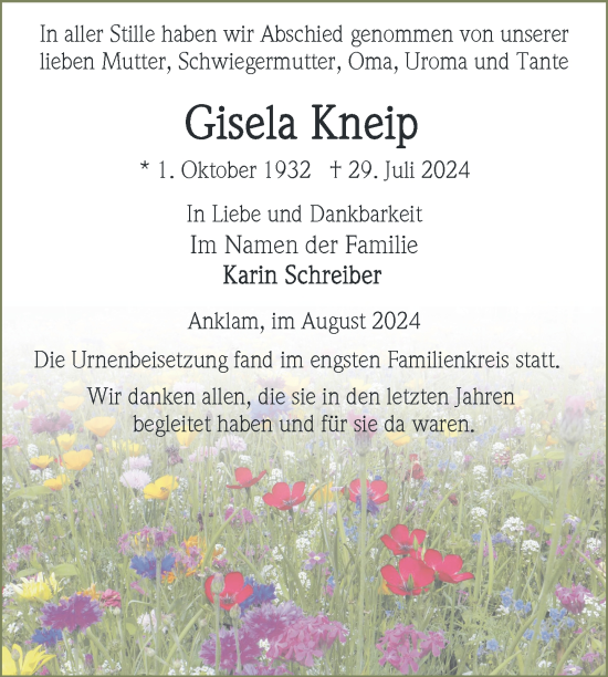 Traueranzeige von Gisela Kneip von Nordkurier Vorpommern Kurier