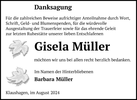 Traueranzeige von Gisela Müller von Uckermark Kurier Templiner Zeitung