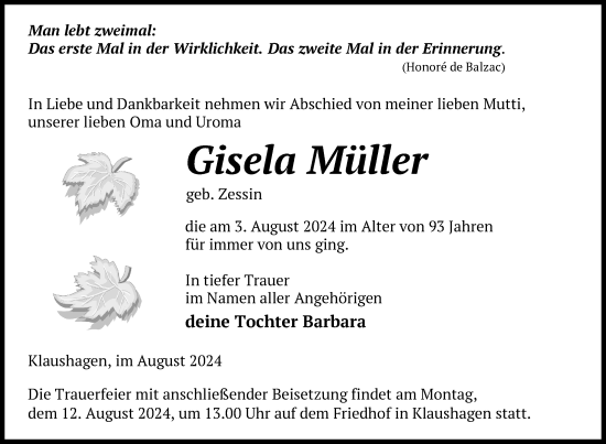 Traueranzeige von Gisela Müller von Uckermark Kurier Templiner Zeitung