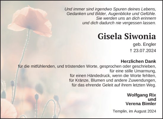 Traueranzeige von Gisela Siwonia von Uckermark Kurier Templiner Zeitung