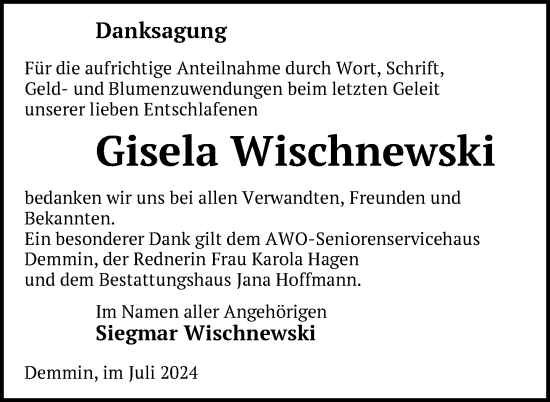 Traueranzeige von Gisela Wischnewski von Nordkurier Neubrandenburger Zeitung