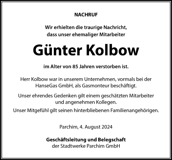 Traueranzeige von Günter Kolbow 