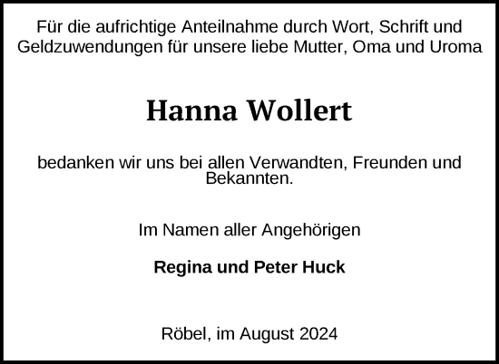 Traueranzeige von Hanna Wollert von Nordkurier Müritz-Zeitung