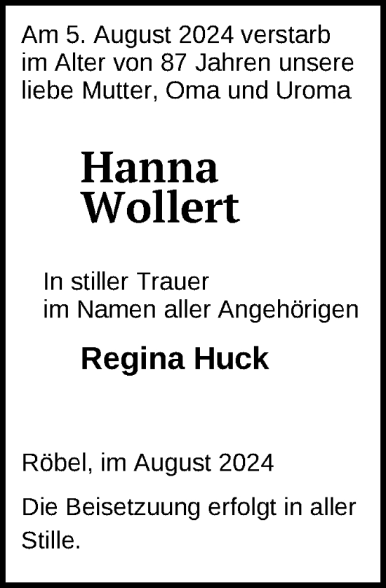 Traueranzeige von Hanna Wollert von Nordkurier Müritz-Zeitung