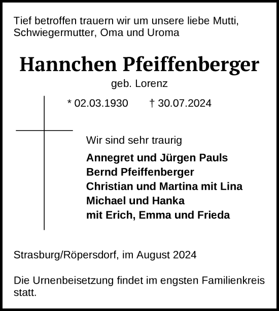 Traueranzeige von Hannchen Pfeiffenberger von Nordkurier Pasewalker Zeitung