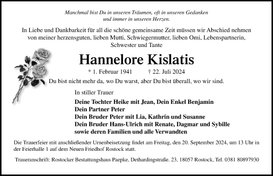 Traueranzeige von Hannelore Kislatis von Norddeutsche Neueste Nachrichten