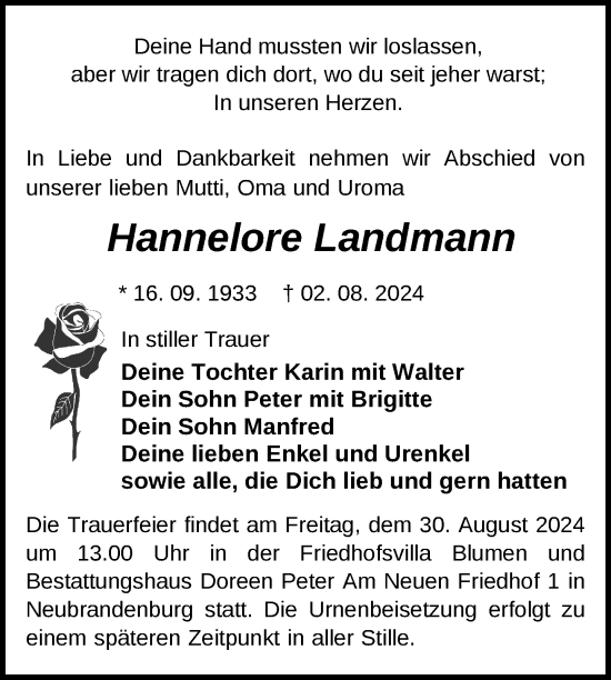 Traueranzeige von Hannelore Landmann von Nordkurier Neubrandenburger Zeitung