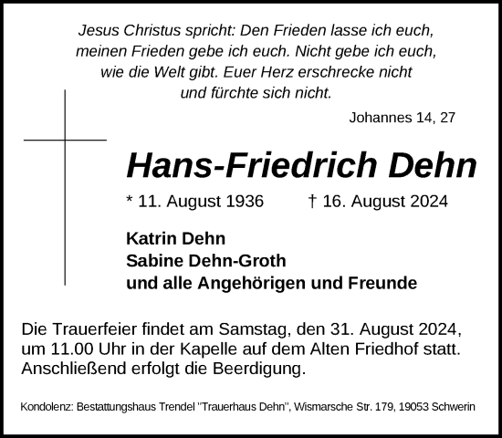 Traueranzeige von Hans-Friedrich Dehn von Zeitung für die Landeshauptstadt